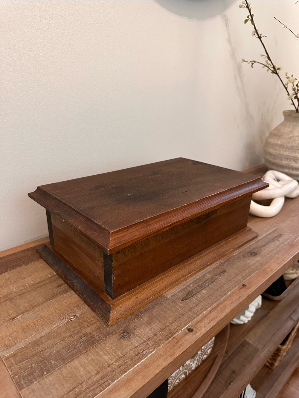 Handcrafted Rectangular Wooden Storage Trinket Box Rich Brown 14.5 x 6 x 5” VTG